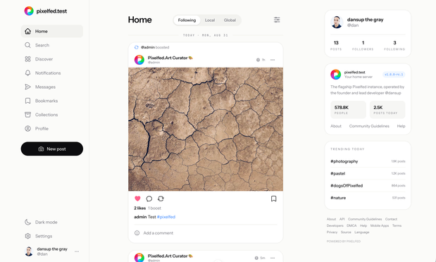 New Pixelfed webUI with boosts in the home feed