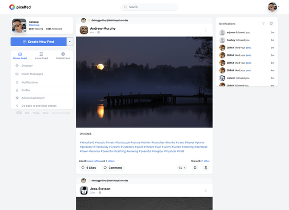 Pixelfed webUI screenshot showing reblogs in the home feed