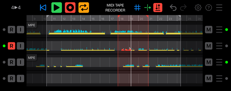 MIDI TAPE RECORDER interface, with transport controls, audio-like display of four different tracks showing MIDI recordings, mute and menu options, record toggles, loop points, and MPE indicators.