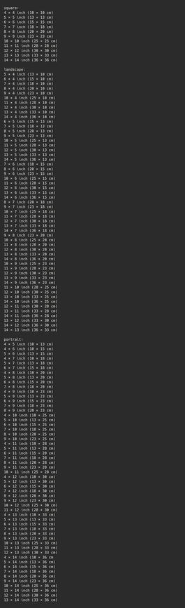 Resulting text output of print sizes grouped by aspect ratio. Full source: https://gist.github.com/postspectacular/a122ab9c1cd52934b8093461231c6044

Excerpt:

square:
4 × 4 inch (10 × 10 cm)
5 × 5 inch (13 × 13 cm)
6 × 6 inch (15 × 15 cm)
...

landscape:
5 × 4 inch (13 × 10 cm)
6 × 4 inch (15 × 10 cm)
7 × 4 inch (18 × 10 cm)
...

portrait:
4 × 5 inch (10 × 13 cm)
4 × 6 inch (10 × 15 cm)
5 × 6 inch (13 × 15 cm)
...