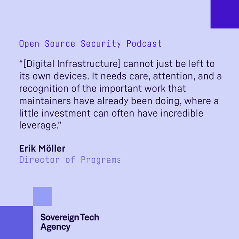 A light lavender promotional graphic titled “Open Source Security Podcast,” featuring a quote about supporting digital infrastructure maintainers. The quote is attributed to Erik Möller, Director of Programs. The Sovereign Tech Agency logo appears at the bottom, with purple and blue geometric accents.