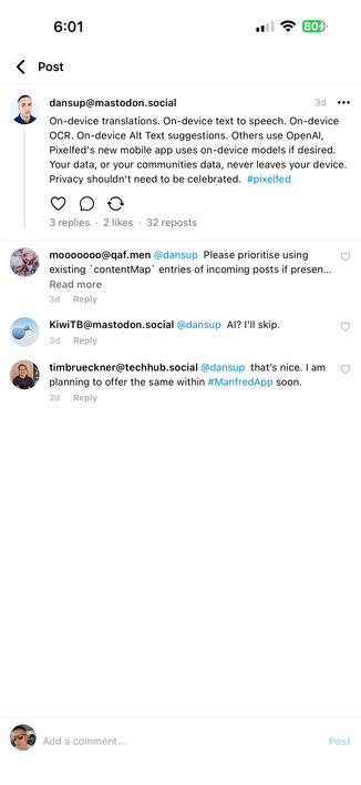 New Pixelfed mobile app showing a text post thread
