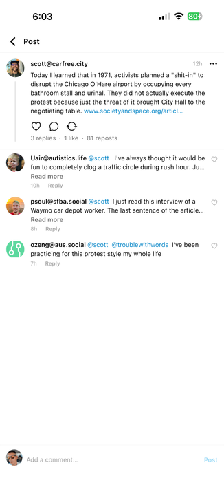 New Pixelfed mobile app showing a text post thread