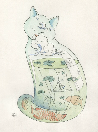 A delicate watercolor illustration of a cat-shaped glass vessel filled with a dreamlike underwater world. The pale cat rests peacefully with its eyes closed, surrounded by curling clouds and crescent-moon symbols. Inside its transparent body, green water holds floating clover-like plants, long stems, bubbles, several fish, and a tiny figure sitting in a small boat. A large orange-and-white koi curves along the bottom. Soft pastel greens, blues, and peach tones and fine outlines give the scene a calm, whimsical, dreamlike atmosphere.