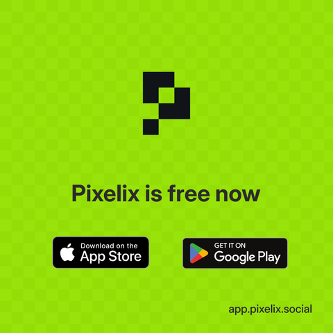 Green grid background. Centered from top to botton: Pixelix logo, Text "Pixelix is free now", App Store and Play store buttons, app.pixelix.social link