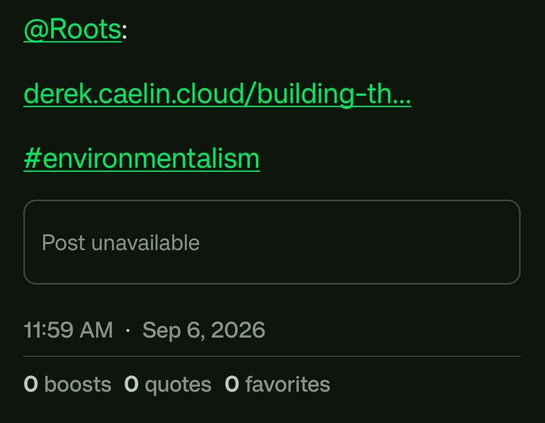 A mastodon post linking to WordPress URL says "post unavailable"