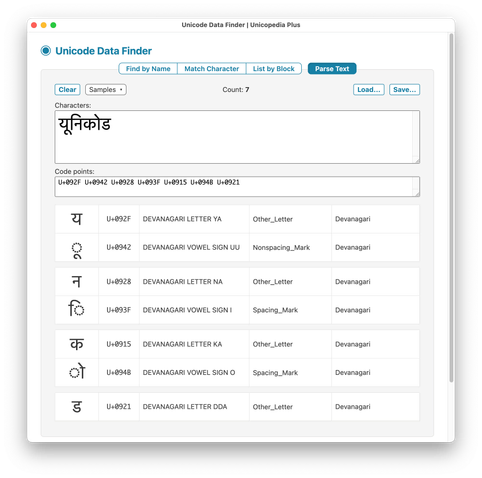 Screenshot of the Parse Text feature of the Unicode Data Finder utility of the Unicopedia Plus application.
Input text: यूनिकोड (Hindi word for Unicode)