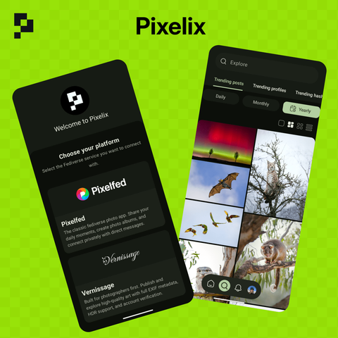 Green grid background. Pixelix logo in the top left. Pixelix text in the top middle. Two screenshots of the Pixelix app, one of the Platform choice screen and one of the trending screen