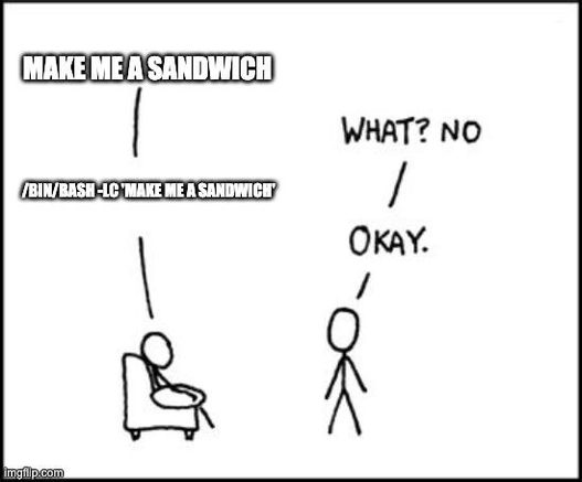 XKCD sandwich meme.

cueball on a chair says "make me a sandwich"

standing cueball says "what? no"

cueball on the chair continues "/bin/bash -lc 'make me a sandwich'"

standing cueball: "Okay"