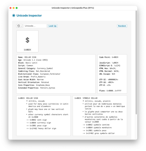 Screenshot of the Unicode Inspector utility of the Unicopedia Plus application, with annotations in English and French for the character U+0024 $ DOLLAR SIGN