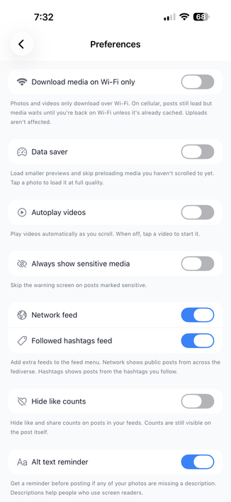 New Pixelfed mobile app preference settings