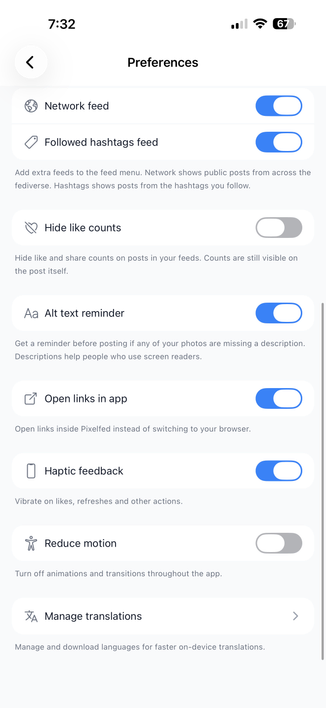 New Pixelfed mobile app preference settings
