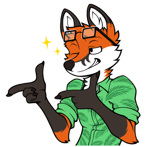 Cartoony image of an anthropomorphic fox winking and holding up finger guns.