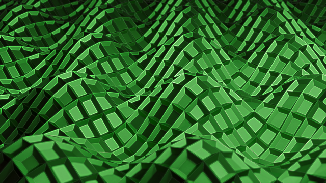 An abstract image made in Blender, showing a series of stylized "rolling hills" that were created by superimposing sine and cosine waves across a tiled, green plane. The edges of each tile are slightly raised, using Blender's Wireframe modifier.