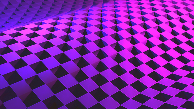 An abstract image made in Blender, showing a curved mesh plane that resembles part of a sine wave. The object has a checkerboard pattern of raised and lowered tiles, tinted pinkish purple, that alternate between light and shadow.