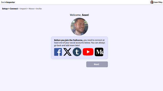 A mockup of an app, showing my name and face, as well as different social networks to connect to for data import.