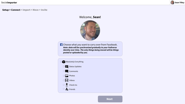 Next step in the mockup for a Facebook import, allowing me to pick and choose what data is most important to me.
