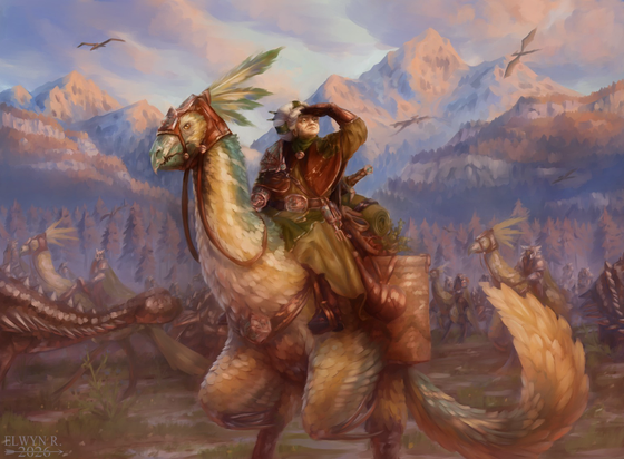 Une illustration representant une vielle naine chevauchant un dinosaures au milieu d'une armee de dinosaures. Derriere elle des montagnes au soleil couchant survolées par des pterosaures