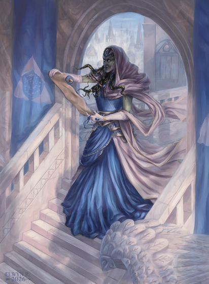 Illustration représentant une gorgone vêtue d'une robe blanche et bleue et d'un voile, en train de lire un parchemin, debout en haut d'un escalier, sous une arche en pierre. Toutes les pierres qui l'entourent sont en marbre blanc. Deux bannières arborent le symbole de la guilde des Azorius.