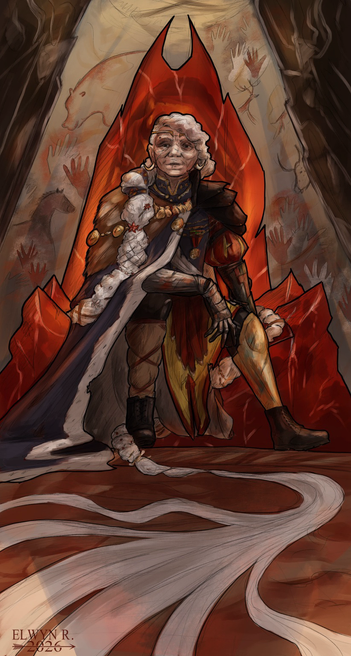 Un dessin d'une tres vielles femme assise sur un trone de cristal rouge. Elle porte une armure composée de pièces venant de toute les epoques. Derrière elle, des peintures préhistorique sur un mur de grotte