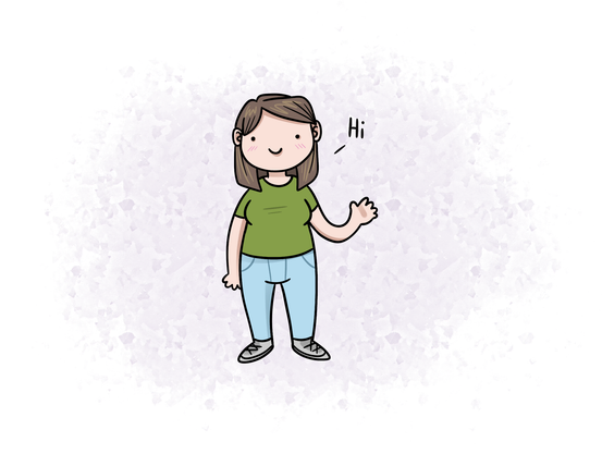 Drawing of a chubby person waving their hand and saying "hi"