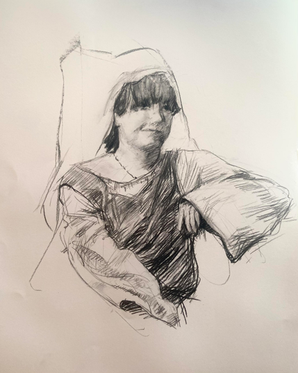 Charcoal drawing of a young woman wearing medieval costume. It looks like she has no right hand, but it is really a very long sleeve.