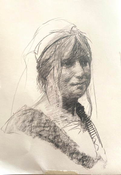 Portrait of a woman done in charcoal. I can’t think of any more significant descriptors. There’s eyes, hair, neck, stuff. It’s a portrait.