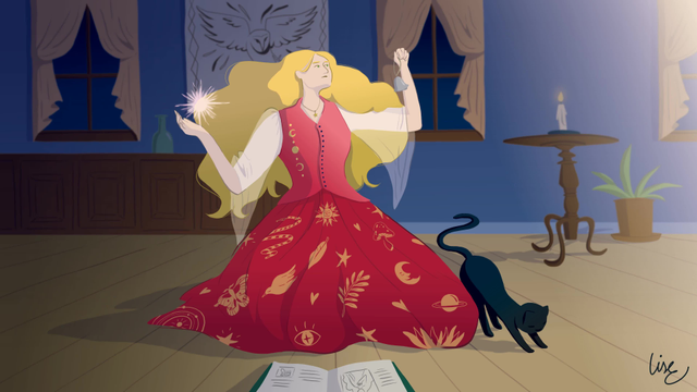 Processus de création d'une illustration de magicienne agenouillée chez elle en train d'invoquer sa magie de sa main gauche. Dans sa main droite elle tient une clochette. Son chat noir s'étire à côté d'elle. En arrière plan, on peut voir trois fenêtres aux rideaux orangés, un meuble en bois sur lequel est posée une bouteille, un guéridon surmonté d'une bougie allumée et une plante verte posée au sol. Dehors il fait nuit noire. Une lumière semble venir de la droite de la pièce. La magicienne la regarde intensément.