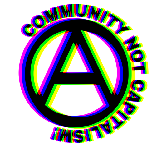 The image is a graphic design featuring a large, stylized letter "A" in the center, surrounded by the words "COMMUNITY ANARCHISM" in a circular pattern. The design is rendered in a bold, multicolored font with a 3D effect, set against a white background. Text: "COMMUNITY ANARCHISM".