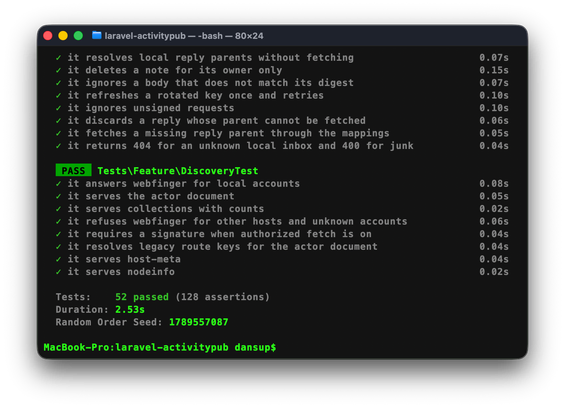 laravel-activitypub test suite, all tests passing now 😮‍💨