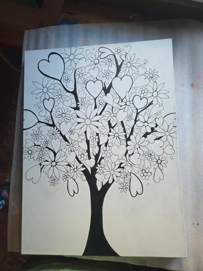 Drawing of a tree with hearts and flowers by artist Sharon Cummings.