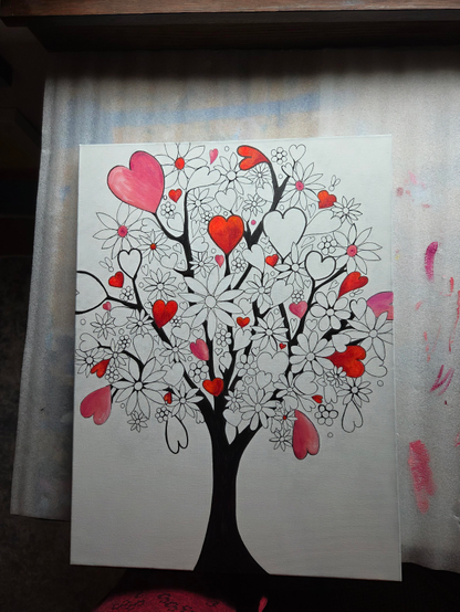 Drawing of a tree with hearts and flowers by artist Sharon Cummings.