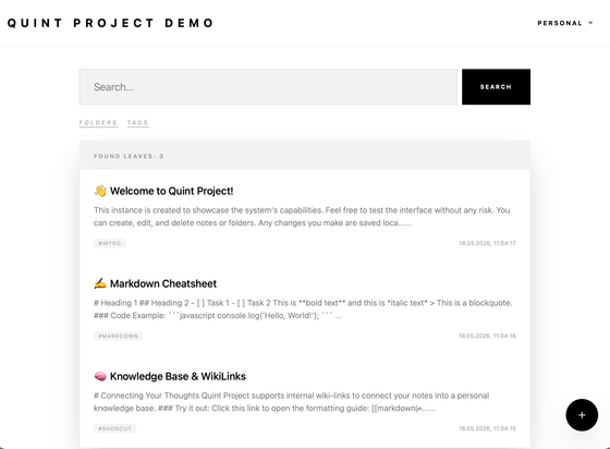 A screenshot of the Quint Project interface featuring a search input, a button to create a new note, and three saved notes displayed in a clean grid layout.