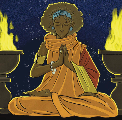 Illustration, originally done for a playing card, featuring a dark skinned woman in a fantasy costume inspired by the attire of buddhist monks. She is shown meditating againt a dark blue night sky. Two flaming braziers on each side emit a warm yellow light that gives the character a warm hue. 