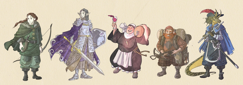 A lineup of various DnD character commisions. From left to right: 1- A young female human ranger with green woodsman cloth, a longbow and brown braided hair. 2- A tall half elf Paladin in cold blue armor and burn scars on one side of her face. 3- A Middle aged female human cleric with traditional nuns habits. She is dancing and hulding a cask of wine over her shoulder. 4- A male dwarven ranger with a bright red beard, holding modern climbing gear, an overstuffed backpack and a crossbow. 5 - A copper dragonborn bard holding a flute, who is wearing 17th century France inspired cloth, reminiscent of a musketeer, including a red plumed hat. 