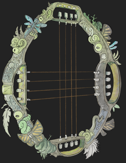 A fantasy instrument that is shaped like a large ornate hoop covered in various feathers, insect part, vines and much more. 2 sets of 4 string run perpandicular with each other and are attached to tuning pegs. 