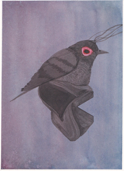 Dessin d'un oiseau noir posé sur une structure informe noire. On dirait qu'un triangle à été découpé dans la forme. L'oiseau l'oeil grand à des sortes de fils qui lui sortent du crâne et semble sortir du dessin...
