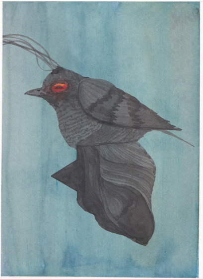 Un dessin qui complète le premier. Les fils de l'autre dessin arrivent jusqu'au crâne d'un autre oiseau noir à l'oeil mi-clos. Il est posé sur une forme noire d'où sort un triangle de la même taille que l'autre.