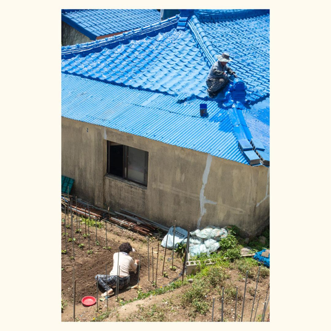 Person painting a blue tiled roof while another person works in a garden below