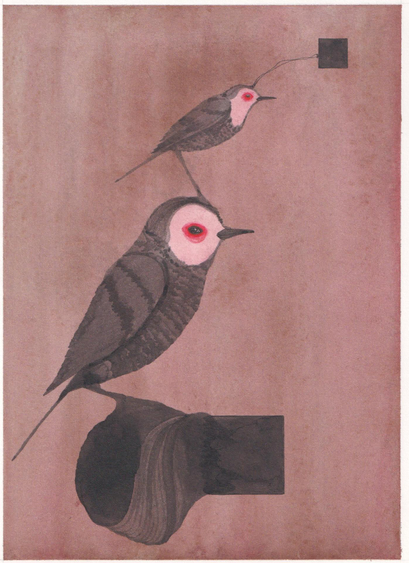Dessin d'un oiseau avec un plus petit oiseau posé sur sa tête. Le petit a un fil qui lui sort de la tête avec un carré noir au bout