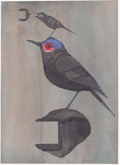 Un deuxième dessins avec deux oiseaux qui font face au précédent, le petit oiseau a aussi un fil qui lui sort de la tête avec un  forme dans laquelle pourrait s'emboîter le carré précédent...