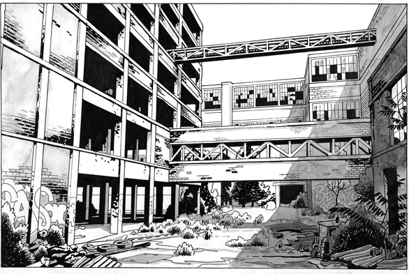 Une usine désaffectée. Encre & lavis de gris.