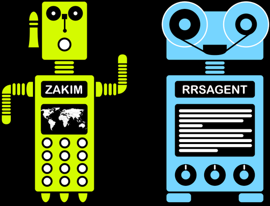 Two designed robots representing W3C's IRC bots: on the left, Zakim (in green, raising a hand for queue management) and on the right, RRSAgent (in blue, recording minutes). 