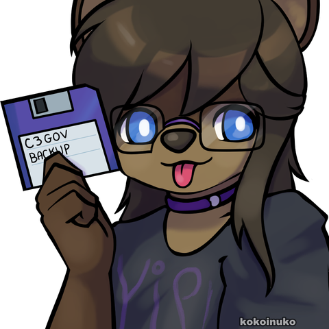 rendered headshot of an anthro coyote with long brown hair, blue eyes, sticking out tongue, a purple collar and a black shirt with purple "yip!" on it, holding a floppy disk with "C3GOV Backup" written on it