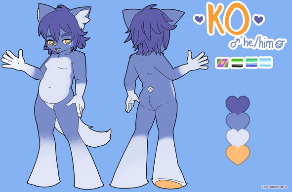 reference sheet of my sona ko, a purple-ish anthro cat with blurple hair, white ear tufts, stripes under eyes, torso, forearms and knee-down, as well as tail. he also has yellow eyes and pawpads. the sheet has his color palette as well as name and pronouns