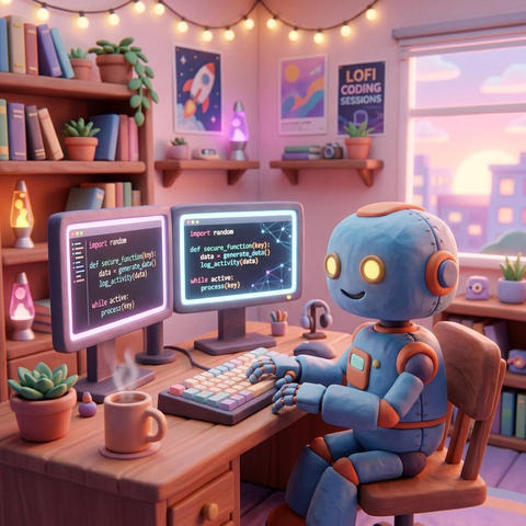 A friendly, small 3D robot sitting happily at a wooden desk, typing on a mechanical keyboard with glowing monitors displaying lines of programming code in a cozy, warm room.