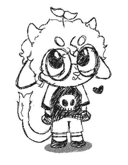 silly digital drawing of my sona!!!! using a pixelated brush and in chibi style. i'm a goblin with floppy ears, small horns and big round glasses! mandatoy sprout ahoge to match my name and sharp teeth for biting. the tail gets weirder every time i draw it, dont worry too much. wearing a black shirt with a cute skull and jorts, looking up cutely tee-hee