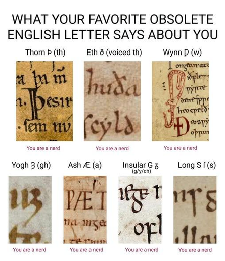 What your favourite obsolete English letter says about you:
(Whichever one you pick, you are a nerd.)