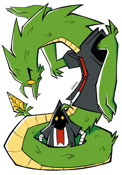 Illustration of my sona in both of his forms, one of which is a giant snake-like creature with big arms, wearing yellow-tinted round sunglasses, a white t-shirt with a red strip in the middle and dark gray haori on top of it. This giant creature barely fits in the picture frame, which is signaled by him pressing againts the top and right sides with his hands. In the middle of the coil formed by his tail, lies his second form, which is a much smaller humanoid wearing the same clothes, except the haori has a hoodie which completely obscures his head. He also wears bandages around his arms.