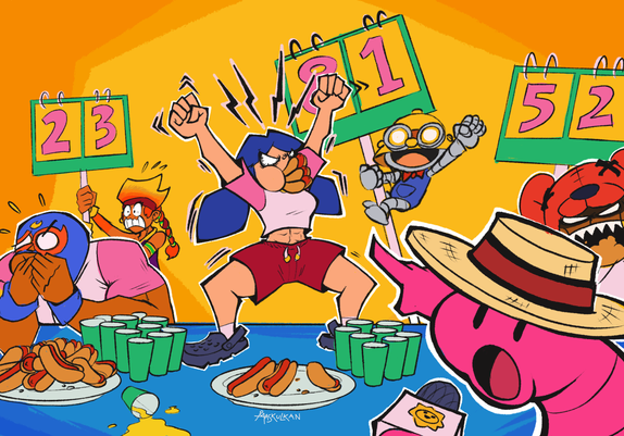 Illustration of Brawl Stars drawings in a hot dog eating contest. From left to right: El Primo is about to throw up because he can't stand it anymore at a "mere" 23 dogs, as signaled by a sign held by Amber behind him. Next, Jacky jumps over the table in a victorious attitude as her count shows 81 and still has 3 dogs on her mouth. Carl cheers on her while holding to the sign that shows her count. Next, Doug, who serves as the event''s presenter,  points excitedly at Jacky while behind him, Nita looks mad that she's somehow losing at 52 dogs.